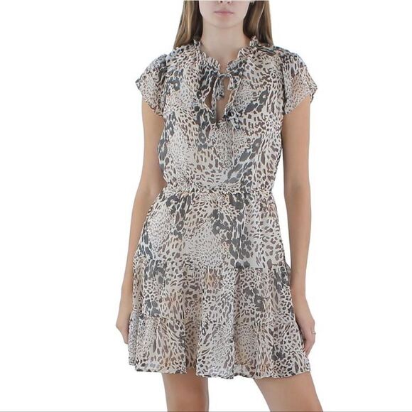Steve Madden Chiffon Animal Print Ruffle Mini Dress - Picture 1 of 6